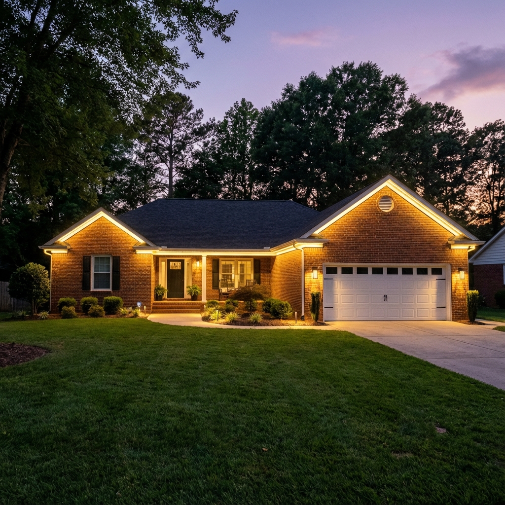 Ranch home with warm white permanent lighting
